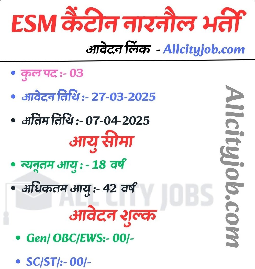 ESM Canteen Narnaul Jobs 2025