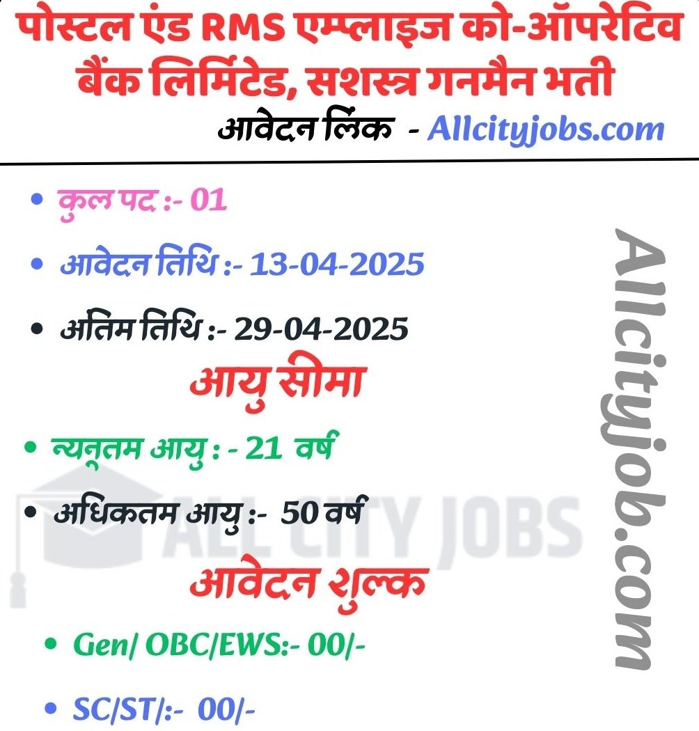 Postal & RMS Cooperative Bank Ambala Jobs 2025