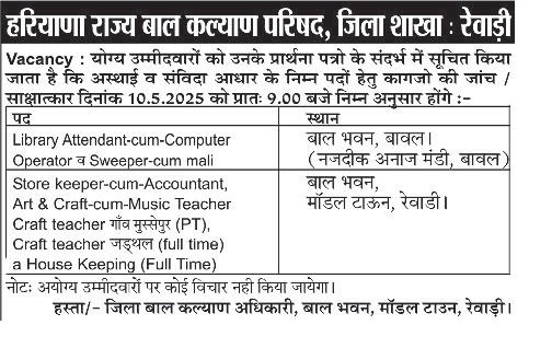 Haryana State Child Welfare Council Rewari Recruitment 2025